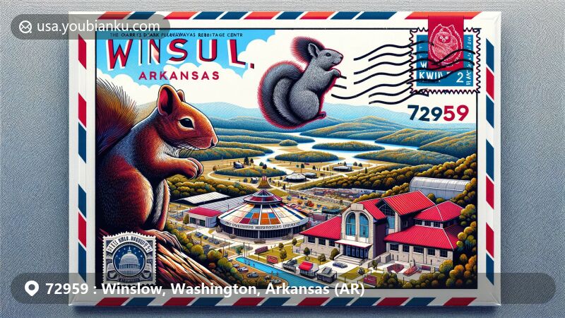 Contemporary illustration representing Winslow, Arkansas area with ZIP code 72959. Features Devil's Den State Park, Ozark Folkways Heritage Center, and White Rock Mountain Recreation Area within an air mail envelope design.