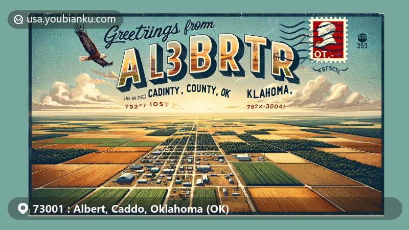 Modern illustration of Albert, Caddo County, Oklahoma, featuring ZIP code 73001, showcasing rural charm and agricultural landscape, with vintage postcard overlay and postal symbols.