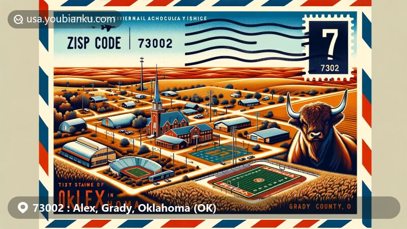Modern illustration of Alex, Grady County, Oklahoma, depicting rural and agricultural essence with wheat and alfalfa farming, livestock raising, historical elements of early settlement and recovery from the 1906 tornado, modern representation of Longhorn Field and community spirit, set against the backdrop of Oklahoma's expansive fields and red earth, creatively framed in an air mail envelope with ZIP code 73002.
