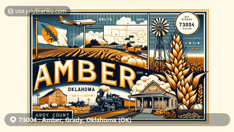 Modern illustration of Amber, Oklahoma, showcasing postal theme with ZIP code 73004, featuring Oklahoma state flag, Grady County outline, and agricultural elements like cotton, corn, wheat, oats, and alfalfa.
