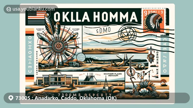 Modern illustration of Anadarko, Oklahoma, blending Native American heritage with postal elements for ZIP Code 73005, featuring symbols of Southern Plains Indian Museum and the American Indian Exposition, along with the Oklahoma state flag.