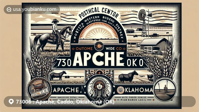Modern illustration of Apache, Oklahoma, in Caddo County, displaying postal theme with ZIP code 73006, featuring agricultural elements like wheat and cattle, western rodeo motifs, and Native American cultural symbols.