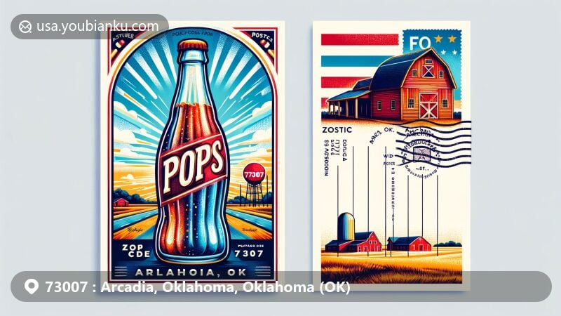 Modern illustration of Arcadia, Oklahoma, with ZIP code 73007, highlighting POPS soda bottle sign and Round Barn, incorporating American flag colors and postal elements like a stamp and postmark.