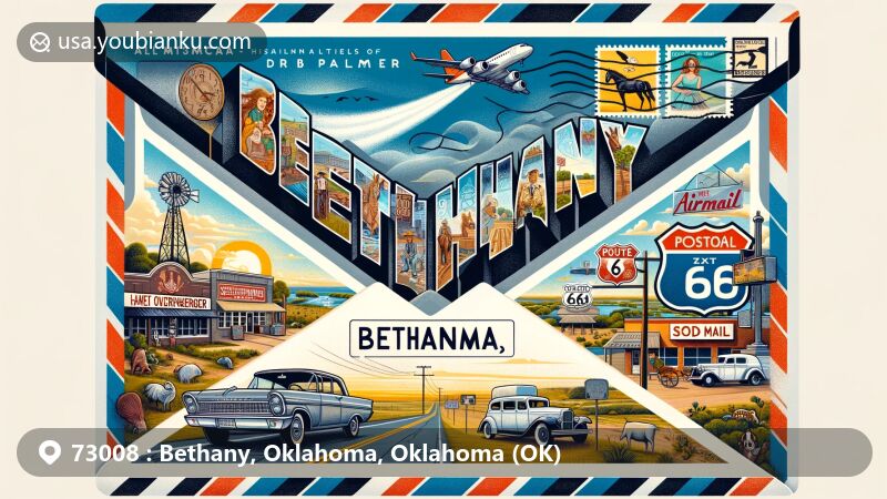Creative illustration of Bethany, Oklahoma, inspired by airmail envelope design, showcasing historical murals, Route 66 culture, natural attributes, and postal elements of ZIP Code 73008.