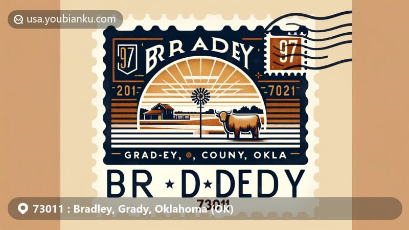 Modern illustration of Bradley, Grady County, Oklahoma, featuring postal theme with ZIP code 73011, showcasing the Oklahoma state flag and the 97 Ranch, blending history and modern artistry.