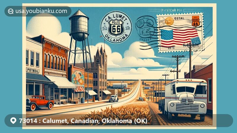 Modern illustration of Calumet, Canadian County, Oklahoma, featuring iconic Route 66, vintage buildings with murals, agricultural heritage buildings, classic postal design with 'Calumet, OK 73014' postmark, and retro postal vehicle, symbolizing local history and postal tradition.