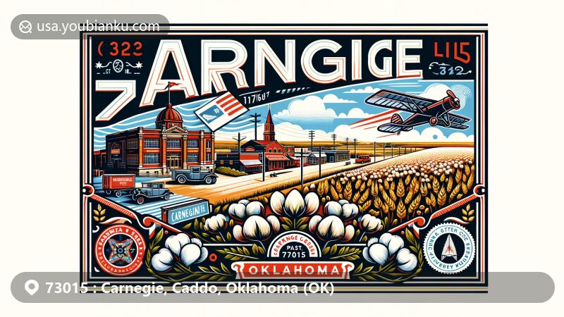 Modern illustration of Carnegie, Oklahoma, focusing on postal theme with ZIP code 73015, highlighting the town's scenic landscape with Washita River, cotton fields, and Carnegie Liberty Theatre.