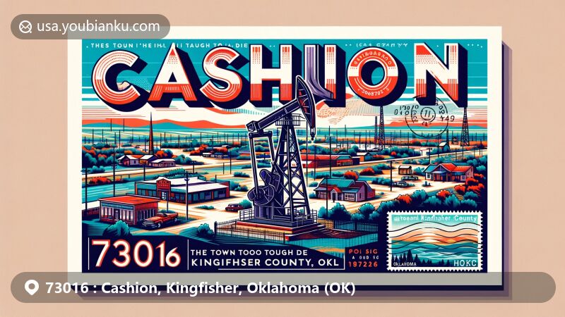 Vibrant illustration of Cashion area in Kingfisher County, Oklahoma, representing ZIP code 73016 and its historical ties to the oil boom era, known as 'The Town Too Tough to Die,' featuring imagery of oil derricks and the southeastern Kingfisher County landscape extending into Logan County, along with modern elements like local schools and postal facilities.