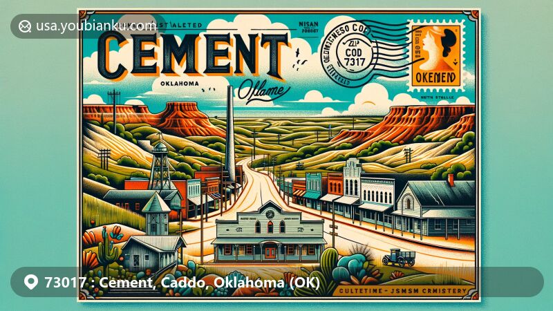 Illustration of Cement, Oklahoma, showcasing Keechi Hills, historic main street, Jesse James legend, early cement industry, and modern postal elements with ZIP code 73017.