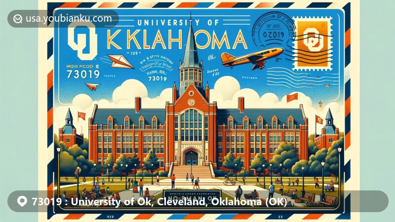 Modern illustration of University of Oklahoma in Cleveland County, Oklahoma, featuring Evans Hall and postal elements representing ZIP code 73019, showcasing vibrant campus life and academic excellence.