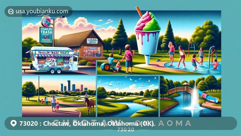Modern illustration of Choctaw, Oklahoma, 73020, featuring Trailer Trash Treatz shaved ice destination, Choctaw Creek Golf Course, Barrel Springs Splash Pad, Ten Acre Lake, and Choctaw Creek Park, symbolizing community spirit, leisure activities, and natural beauty.