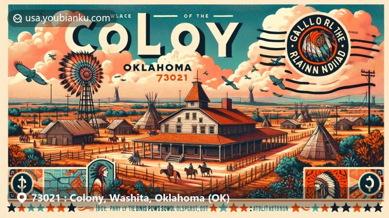 Modern illustration of Colony, Oklahoma, showcasing historical ties to Seger Colony and Arapaho and Cheyenne tribes, featuring Indian industrial school, Gallery of the Plains Indian, Washita County landscape, and Oklahoma state flag.