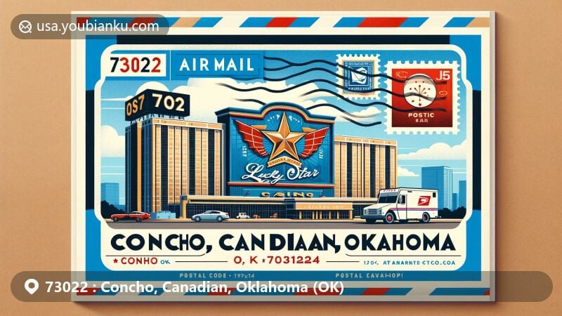 Modern illustration of Concho, Canadian County, Oklahoma, featuring postal theme with ZIP code 73022, showcasing Lucky Star Casino and postal symbols.