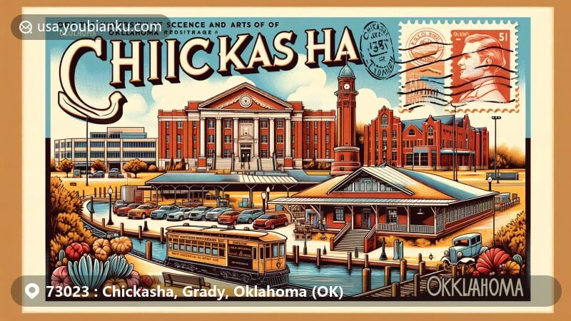 Vintage postcard-style illustration of Chickasha, Grady, Oklahoma (OK) with landmarks like University of Science and Arts of Oklahoma, Rock Island Train Depot, Grady County Museum, and Shannon Springs Park, combined with postal motifs like postage stamp, postal marking, and old-fashioned design.