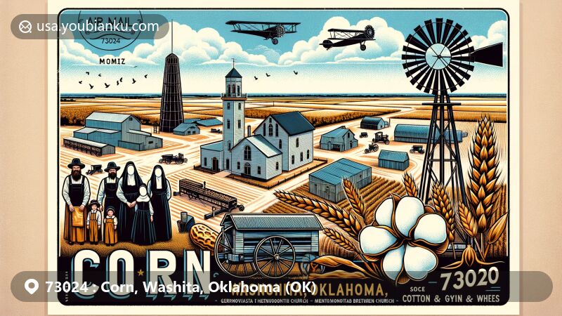 Modern illustration of Corn, Oklahoma, featuring Mennonite heritage and agricultural roots, with elements like the Washita Mennonite Brethren Church, a cotton gin, and a wheat elevator, symbolizing wheat, cotton, sorghum, and peanuts. Background depicts Oklahoma farmlands under a clear sky, with vintage airmail border and ZIP code 73024, and a Mennonite family in traditional attire.