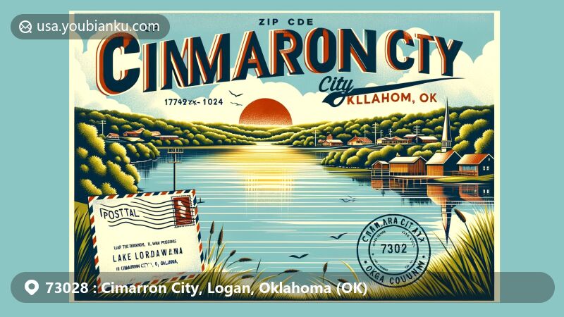 Modern illustration of Cimarron City, Oklahoma, featuring Lake Lattawanna and rural landscape, showcasing vintage postal theme with ZIP code 73028, town name, postcard design, stamps, postmark, and date '2024-03-01'. Reflects tranquility and natural beauty of Cimarron City, Logan County, with a nod to historical and cultural significance.