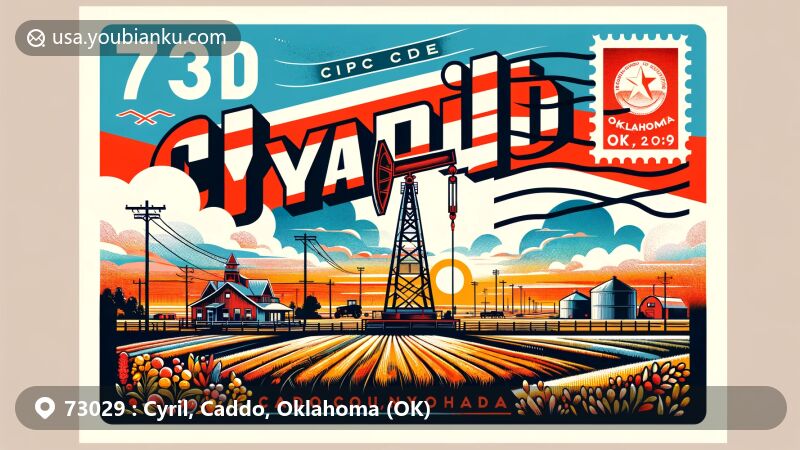 Modern illustration of Cyril, Caddo County, Oklahoma, with postal theme representing ZIP code 73029. Features rural landscape with agricultural elements, airmail envelope border, Oklahoma state flag postage stamp, 'Cyril, OK 73029' postmark. Includes vintage oil derrick silhouette as historical nod.