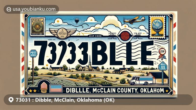 Modern illustration of Dibble, McClain County, Oklahoma, featuring postal theme with ZIP code 73031, showcasing local landmarks and incorporating symbols of Dibble's history and incorporation.