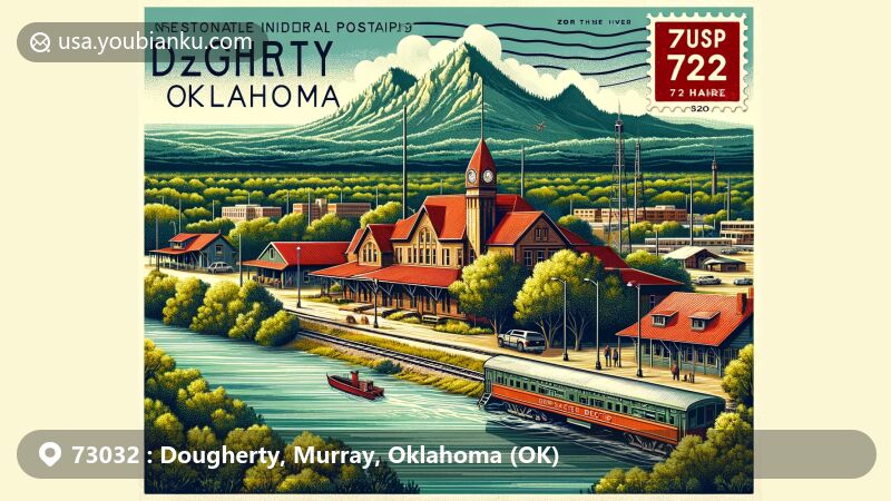 Modern illustration of Dougherty, Oklahoma, highlighting ZIP code 73032 in Murray County. Features Dougherty town by the Washita River and Arbuckle Mountains, with focus on Santa Fe Depot and vintage postcard design.