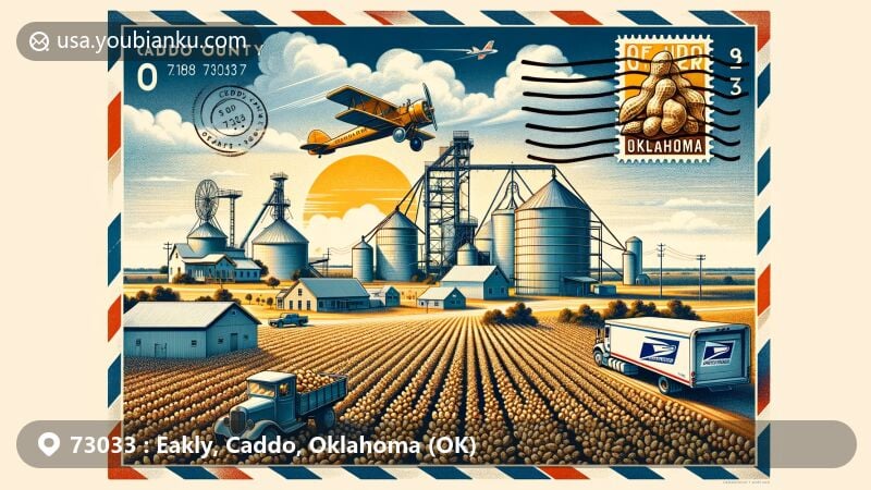 Modern illustration of Eakly, Caddo County, Oklahoma, showcasing agricultural heritage and postal elements within an air mail envelope, featuring peanut farming, cotton gin, wheat production, Oklahoma state flag, and Caddo County outline.