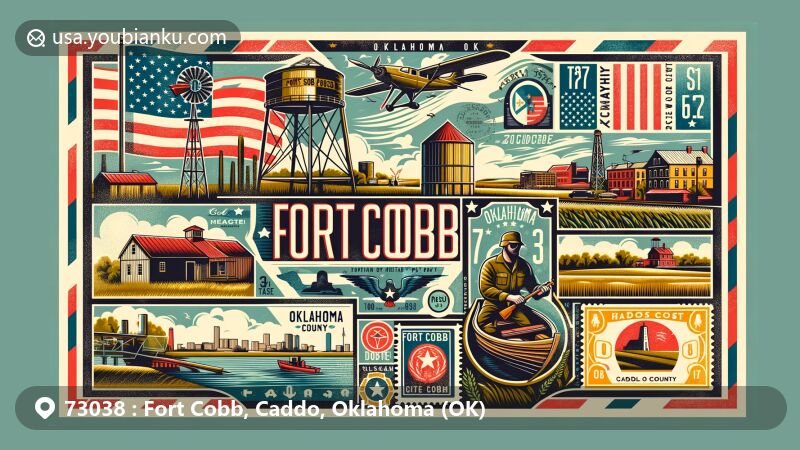 Modern illustration of Fort Cobb, Oklahoma (73038), resembling an airmail envelope design with Fort Cobb State Park activities, military post history, and agricultural elements.