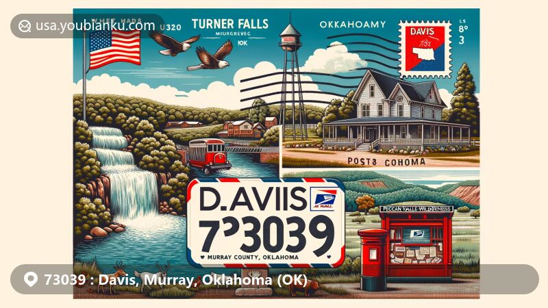 Modern illustration of Davis, Oklahoma, blending natural beauty and postal heritage. Featuring Turner Falls, Pecan Valley Inn Bed & Breakfast, and Arbuckle Wilderness, with vintage postcard elements including Oklahoma state flag and Davis postal mark.