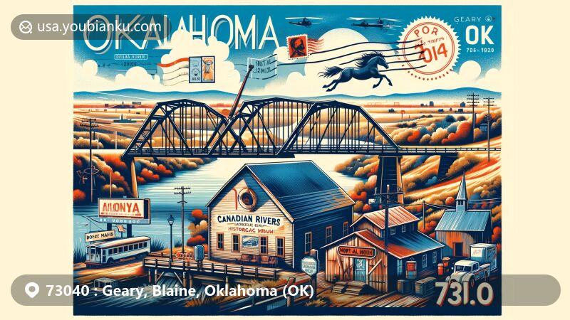 Modern illustration of Geary, Oklahoma, showcasing postal theme with ZIP code 73040, featuring iconic Pony Bridge and Canadian Rivers Historical Museum.