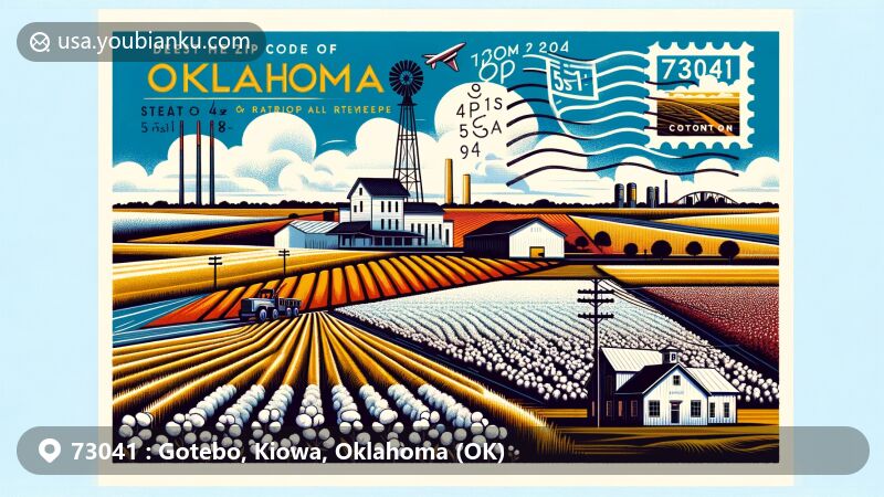 Modern illustration of Gotebo, Kiowa County, Oklahoma, showcasing postal theme with ZIP code 73041, featuring agricultural and postal elements, including cotton and wheat fields, State Highways 54 and 9 intersection, school silhouette, postage stamp, postmark, and postal code.