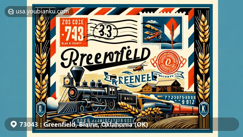 Creative illustration of Greenfield, Blaine, Oklahoma, with air mail envelope showcasing ZIP code 73043, featuring local symbols like North Canadian River, wheat, vintage train, and Roman Nose State Park.