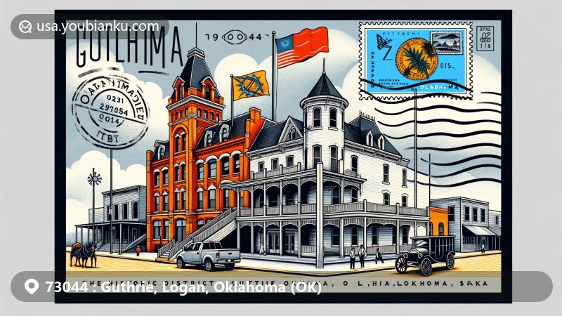 Modern illustration of Guthrie Historic District in Guthrie, Oklahoma, featuring creative postcard design with Oklahoma state flag, postal elements, and ZIP Code 73044.