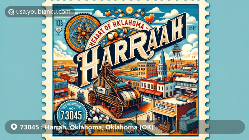 Colorful illustration of Harrah, Oklahoma, featuring a giant postage stamp with town's history designs, including a 1940s cotton gin and Polish heritage.