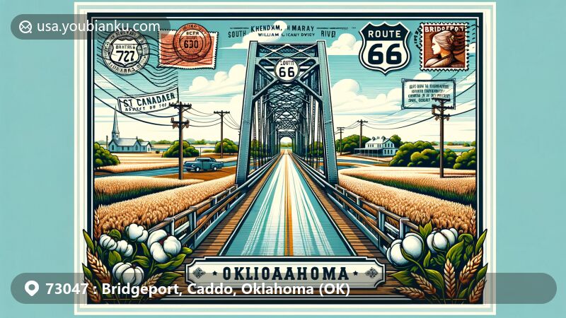 Modern digital illustration of Bridgeport, Oklahoma, on Route 66 with Pony Bridge over the South Canadian River, featuring fields of wheat and cotton, postal stamps, postmark, and ZIP Code 73047.