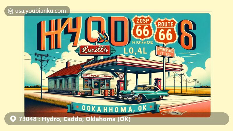 Modern illustration of Hydro, Oklahoma, showcasing Lucille's Historic Highway Gas Station and Route 66 elements, with ZIP code 73048, embodying American road trip nostalgia.