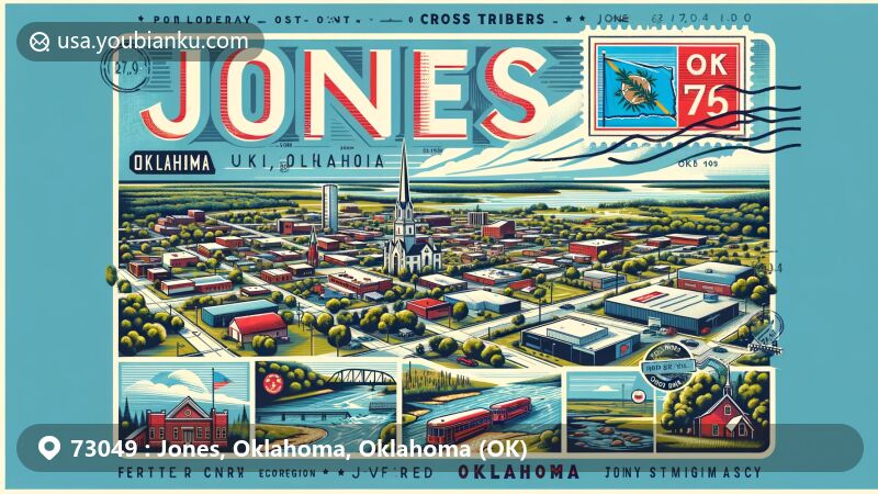 Modern illustration of Jones, Oklahoma, showcasing postal theme with ZIP code 73049, featuring an aerial view of the town, Cross Timbers ecoregion, and Frontier Country tourism region.