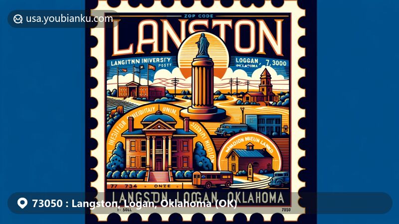 Modern illustration of Langston, Logan, Oklahoma, showcasing postal theme with ZIP code 73050, featuring Langston University, Indian Meridian Monument, Morris House, Beulah Land Cemetery, and Melvin B. Tolson Heritage Center.