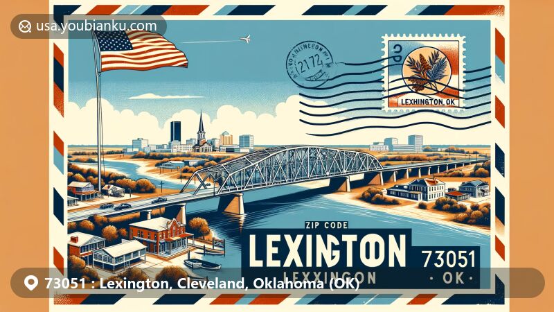 Modern illustration of Lexington, Oklahoma, reflecting ZIP code 73051 with James C. Nance Memorial Bridge over Canadian River, showcasing state flag and historical elements.