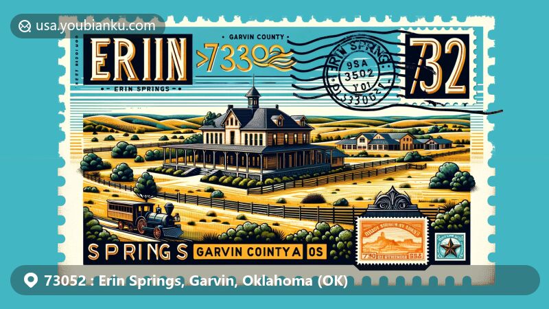 Modern illustration of Erin Springs, Garvin County, Oklahoma, featuring postal theme with ZIP code 73052, showcasing Murray-Lindsay Mansion and local flora.