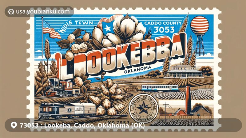 Modern illustration of Lookeba, Oklahoma, fusing agricultural heritage with postal elements, featuring farmland with cotton and peanut crops, historic railway, founders' names, nod to Caddo County's archaeology, Oklahoma state flag, and ZIP code 73053.