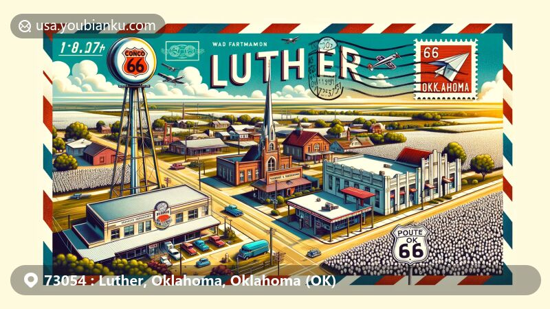 Modern illustration of Luther, Oklahoma, featuring historical landmarks like the old Conoco Service Station, Booker T. Washington High School, and Threatt Filling Station. Design includes cotton fields and Route 66 blend. Postal theme with vintage air mail envelope, stamps of Luther landmarks, and postmark 'Luther, OK 73054'.