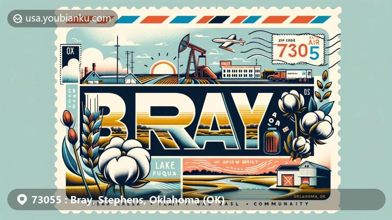 Vivid portrayal of Bray, Oklahoma, emphasizing ZIP code 73055 with air mail envelope design, showcasing Clear Creek Lake, Lake Fuqua, agricultural essence with cotton plant, and oil industry with derrick.