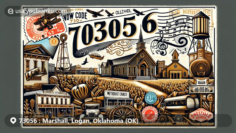 Modern illustration of Marshall, Oklahoma, featuring ZIP code 73056, showcasing local landmarks like wide main street, agricultural remnants, Methodist Church, and band festival symbols.