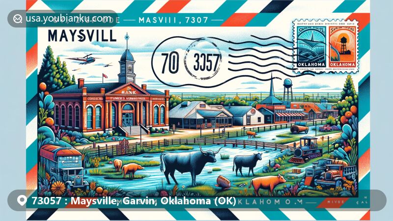 Illustration of Hogtown, Crawford County, Indiana, showcasing postal theme with ZIP code 47140, featuring Marengo Cave and Indiana state symbols.