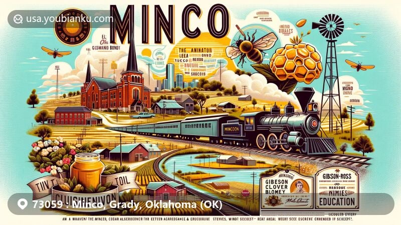 Modern illustration of Minco, Oklahoma, highlighting railroad history, Chisholm Trail connection, dairy farming, beekeeping, Gibson-Ross Clover Bloom Honey, Honey Festival, El Meta Bond College, Meta Chestnutt, Canadian River, wind farms, and postal theme with ZIP code 73059.