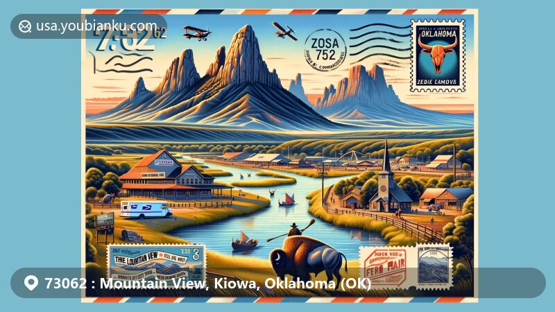 Modern illustration of Mountain View, Oklahoma, in ZIP code 73062, featuring Longhorn Mountain and elements symbolizing Kiowa spiritual significance, local culture from Mountain View Free Fair, and the scenic Washita River.