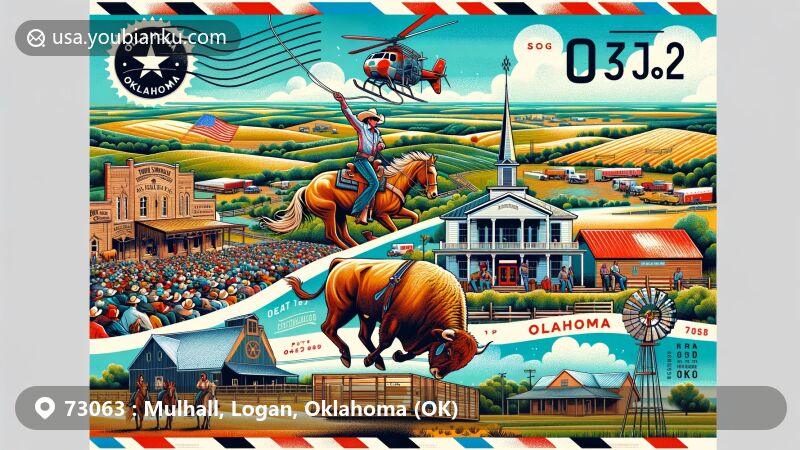 Modern illustration of Mulhall, Oklahoma, showcasing historical Wild West themes with cowgirls and cowboys in rodeo events, symbolizing vibrant past. Includes modern elements post-1999 tornado. Tranquil farmland backdrop with postal features like airmail envelope, Oklahoma state flag stamp, ZIP code 73063.