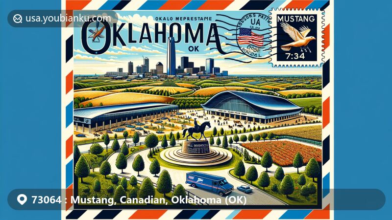 Contemporary artwork of Mustang, Oklahoma, captured within an airmail envelope theme, showcasing Wild Horse Park and historic agricultural fields like wheat, corn, and peach orchards, along with symbols of Oklahoma City skyline and postal elements.