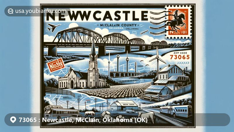 Modern illustration of Newcastle, McClain County, Oklahoma, capturing ZIP code 73065's evolution from agriculture to suburban living, featuring landmarks like the old Newcastle Bridge and local schools.