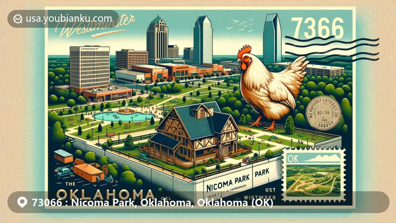 Modern illustration of Nicoma Park, Oklahoma, blending historical and modern elements, highlighting the city's evolution and natural beauty with transformed chicken coop building and Westminster Shopping Center.