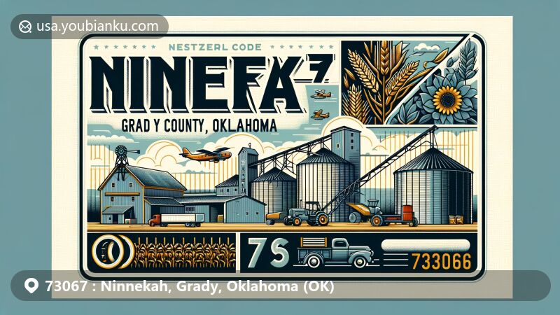 Modern illustration of Ninnekah, Grady County, Oklahoma, showcasing agricultural scene with crops like corn, cotton, and wheat, depicting George Thomas' grain elevator, and incorporating modern postal elements.