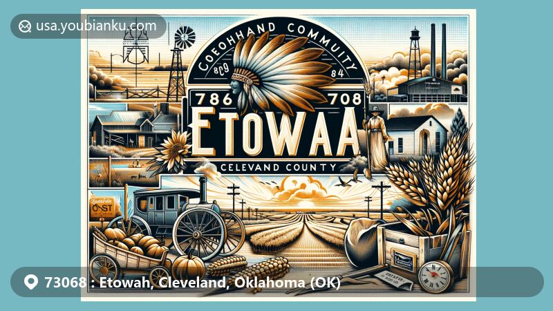 Modern illustration of Etowah, Cleveland County, Oklahoma, featuring ZIP code 73068, showcasing rural community origins and ties to 1889 Land Run, incorporating Oklahoma's heritage and Cherokee influence, and highlighting agricultural setting and postal history.